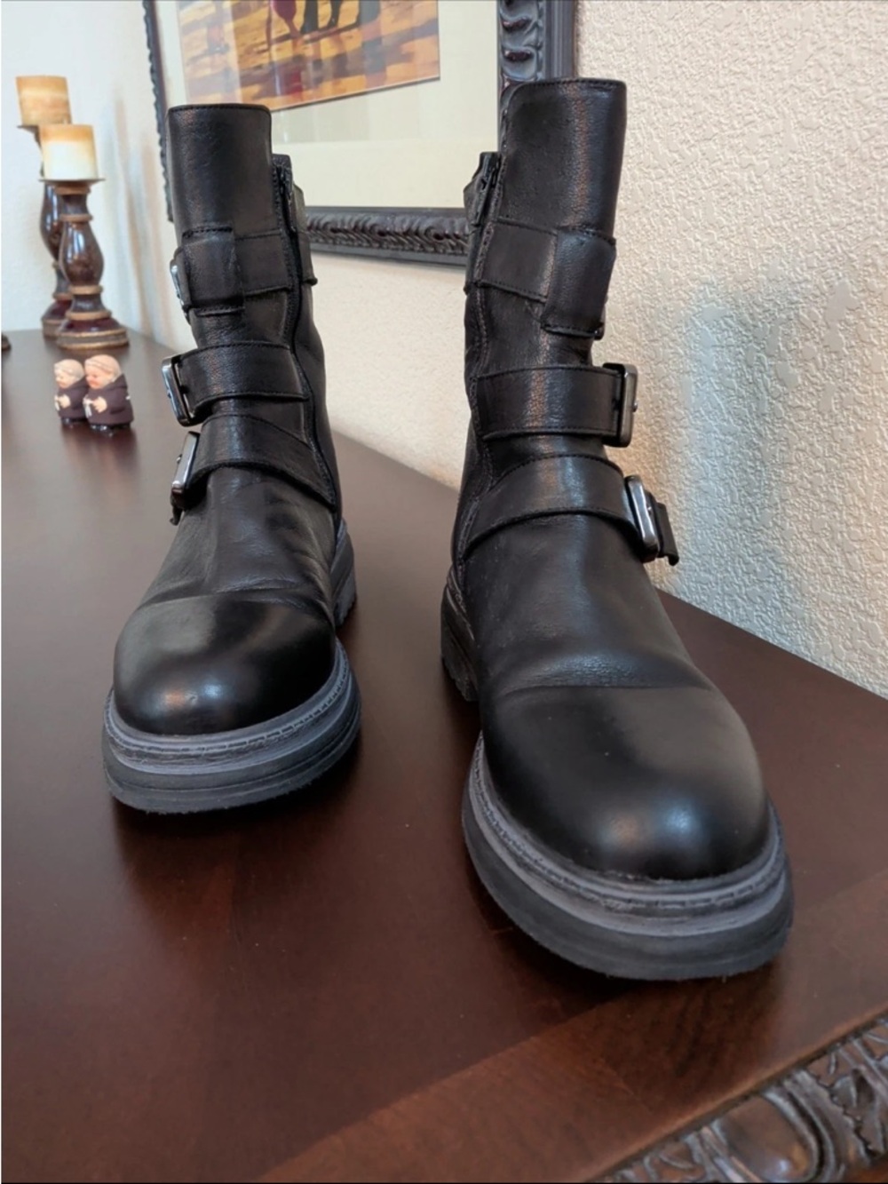 Women’s edgy leather Black boots Buckle Moto Ankle - Picture 4 of 7